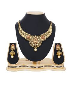 Golden Color Necklace Set In Mix Metal With Stone Work For Women