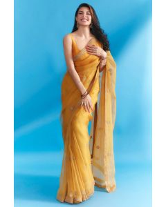 Golden Mustard Embroidered Designer Wear Saree