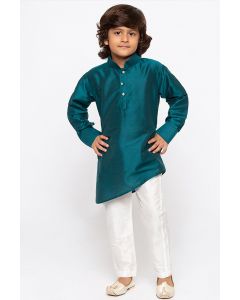 Green Cotton Silk Kurta and White Pajama For Diwali