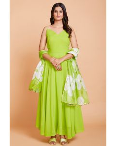 Green Faux Georgette Gown with Organza Dupatta