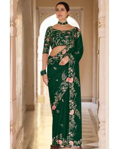 Green Organza Fabric Party Wear Saree with Sequins Thread Work