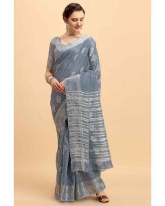 Grey Banarasi Cotton Saree With Wevon Silver Jari
