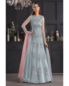 Grey Butterfly Net Designer Wedding Wear Anarkali Suit