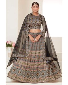 Grey Color Ajmeri Silk Designer Digital Printed Lehenga Choli