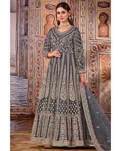 Grey Heavy Designer Partywear Net Gown Suit