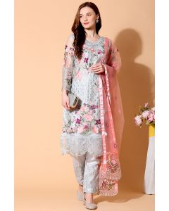 Grey Net Salwar Kameez with Peach Dupatta