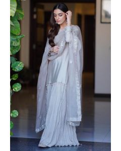 Grey Silk Partywear Sharara Suit with Mirror Work