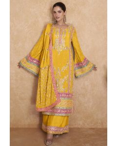 Heavy Chinon Sequins Work Palazzo Suit in Mustard Color