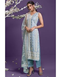 Light Blue Festive Wear Net Fabric Salwar Suit