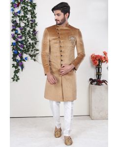 Light Brown Imported and Velvet Fabric Sherwani with Aligarhi Pant