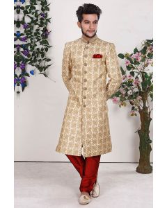 Light Brown Imported Fabric Sherwani with Aligarhi Pant