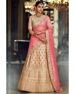 Light Brown Sarin Silk Lehenga Choli with Pink Net Dupatta