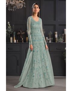 Light Turquoise Butterfly Net Wedding Wear Anarkali Suit