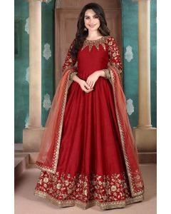 Maroon Adda Silk Party Wear Salwar Kameez with Net Dupatta