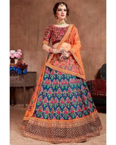 Maroon and Blue Color Art Silk Lehenga Choli with Floral Design