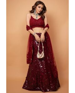 Maroon Sequin Embellished Lehenga Set with Velvet and Shimmering Details - Perfect for Weddings and Festive Occasions (LEHA2241)