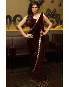 Maroon Velvet Partywear Saree with Mirror Work