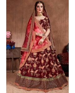 Maroon Taffeta Silk Floral Designer Lehenga Choli with Soft Net Double Dupatta