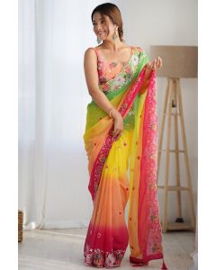 Multi-Hued Floral Embroidered Designer Saree for Haldi