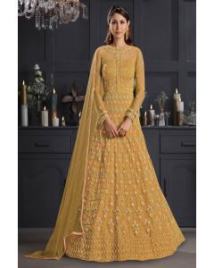 Mustard Butterfly Net Partywear Stylish Anarkali Suit