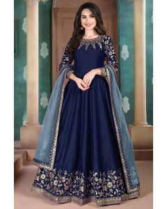 Navy Blue Adda Silk Party Wear Salwar Kameez with Net Dupatta