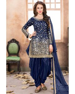 Navy Blue Art Silk Party Wear Salwar Kameez with Mirror Work