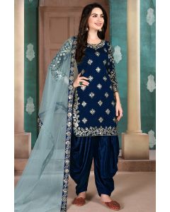 Navy Blue Art Silk Salwar Kameez with Net Dupatta