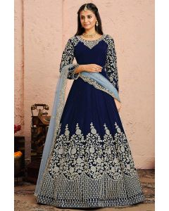 Navy Blue Designer Velvet Fabric Festive Wear Anarkali Suit