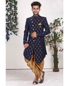 Navy Blue Imported Fabric Sherwani with Dupion Dhoti