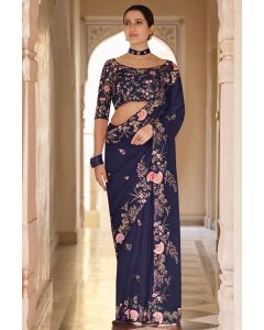 Navy Blue Organza Fabric Party Wear Saree with Sequins Thread Work