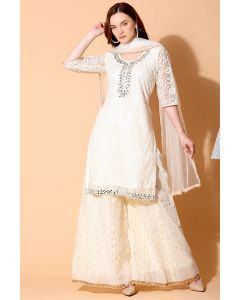 Net Art Silk Cream Color Salwar Kameez with Dupatta