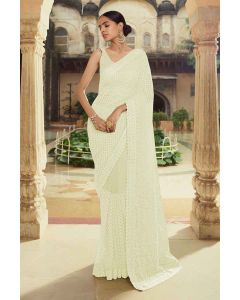 Off White Soft Net Saree With Thread Work