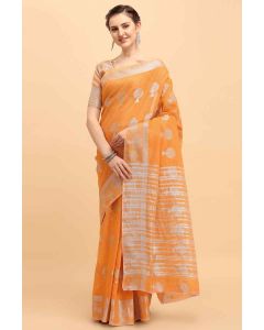 Orange Banarasi Cotton Saree With Wevon Silver Jari