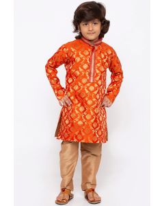 Orange Cotton Silk Kurta and Golden Pajama For Diwali
