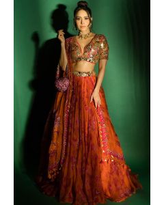 Orange Lehenga with Floral Print Mirror Work Perfect for Diwali
