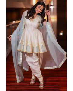 Party Wear Ivory and Gold Embellished Short Anarkali Suit with Dupatta