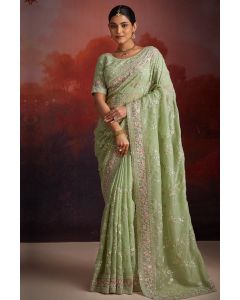 Premium Pastel Green Embroidered Organza Saree for Wedding