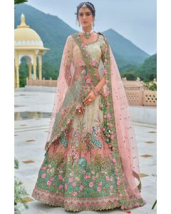 Pastel Green Embroidered Wedding Lehenga with Floral Motifs and Peacock Design