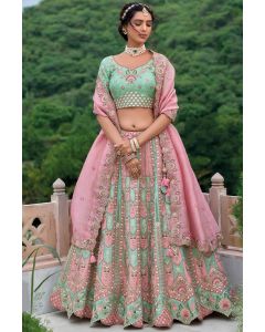 Pastel Pink and Mint Green Embroidered Lehenga Choli with Floral Motifs for Weddings
