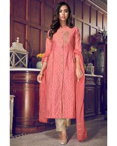 Peach Chanderi Silk Partywear Churidar Salwar Suit