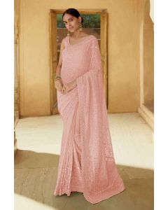 Peach Georgette Saree With Thread Work