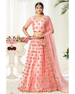 Peach Heavy Net with Silk Satin Party Wear Lehenga Choli with Dupatta