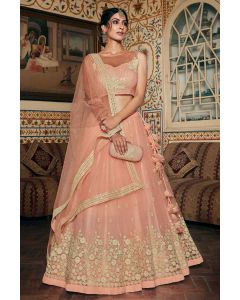 Peach Net Lehenga Choli With Heavy Work
