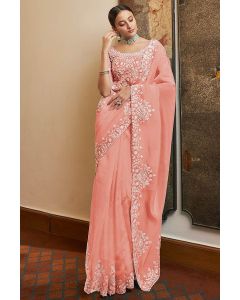 Peach Organza Fabric Designer Party Wear Saree with Sequins Work