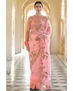 Peach Organza Fabric Party Wear Saree with Sequins Thread Work