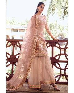 Peach Organza Fabric Party Wear Sharara Suit with Net Dupatta
