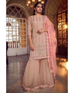 Peach Organza Fabric Party Wear Sharara Suit with Pink Net Dupatta