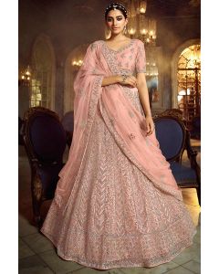Peach Soft Net Wedding Wear Lehenga Choli with Zari Work