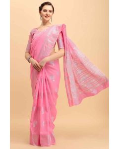 Pink Banarasi Cotton Saree With Wevon Silver Jari