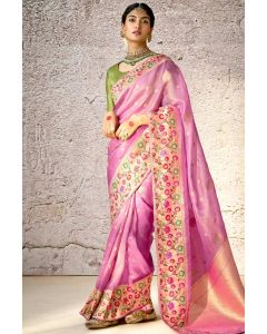 Pink Banarasi Silk Saree with Floral Motifs Perfect for Wedding